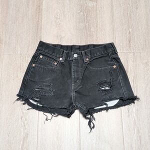 Levis 550 Distressed Black Denim Cut Off Shorts Women 28x12 Relaxed Fit‎ Raw Hem
